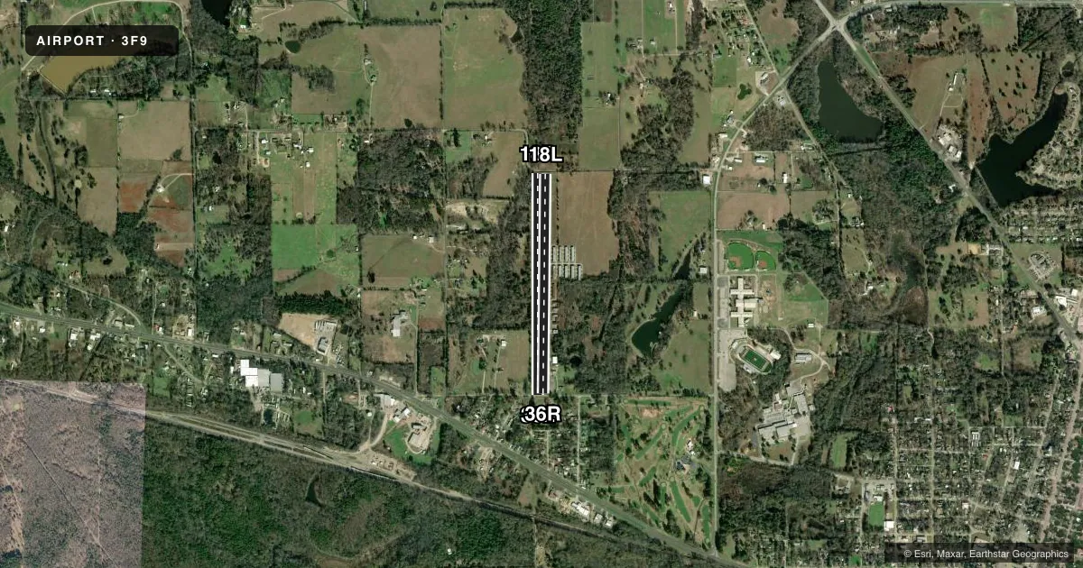 Top-down satellite sketch of 3F9 MINEOLA WISENER FLD in MINEOLA, TEXAS, showing runways 18R/36L, 18L/36R drawn to scale over Esri World Imagery