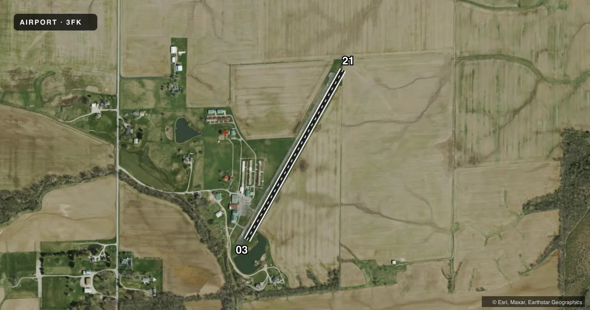 Top-down satellite sketch of 3FK FRANKLIN FLYING FLD in FRANKLIN, INDIANA, showing runways 03/21 drawn to scale over Esri World Imagery