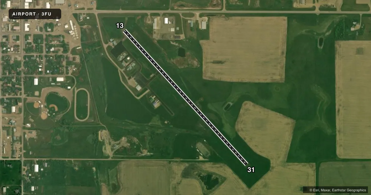 Top-down satellite sketch of 3FU FAULKTON MUNI in FAULKTON, SOUTH DAKOTA, showing runways 13/31 drawn to scale over Esri World Imagery