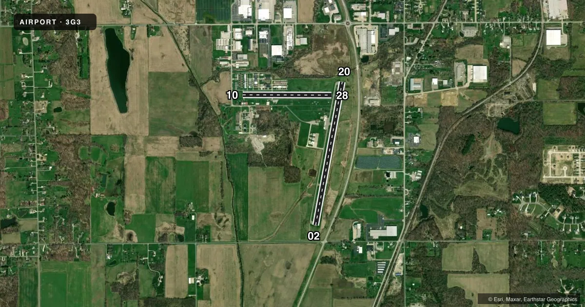 Top-down satellite sketch of 3G3 WADSWORTH MUNI in WADSWORTH, OHIO, showing runways 02/20, 10/28 drawn to scale over Esri World Imagery