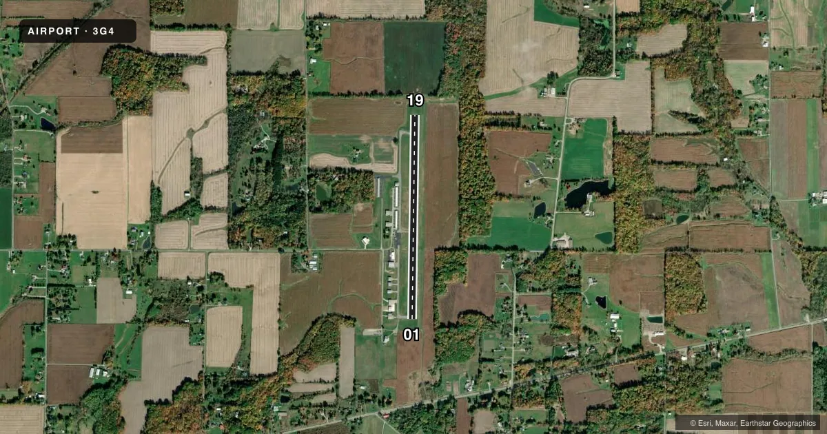 Top-down satellite sketch of 3G4 ASHLAND COUNTY in ASHLAND, OHIO, showing runways 01/19 drawn to scale over Esri World Imagery