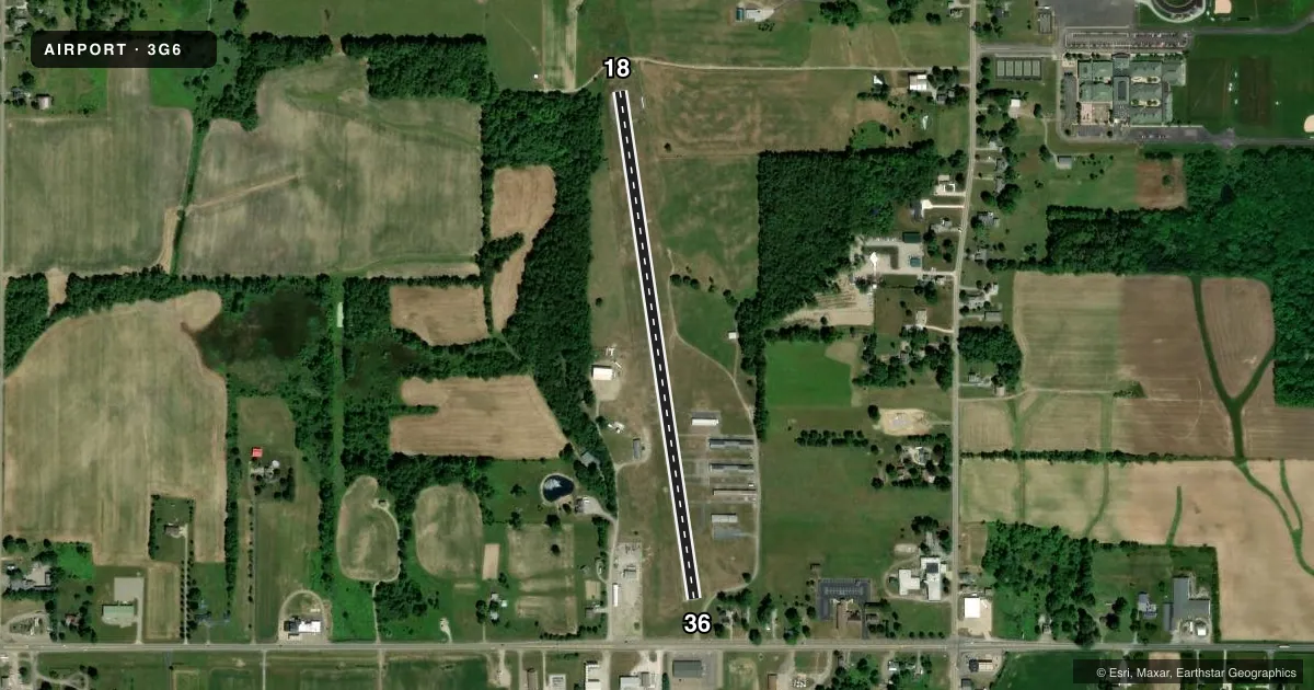 Top-down satellite sketch of 3G6 TRI-CITY in SEBRING, OHIO, showing runways 18/36 drawn to scale over Esri World Imagery