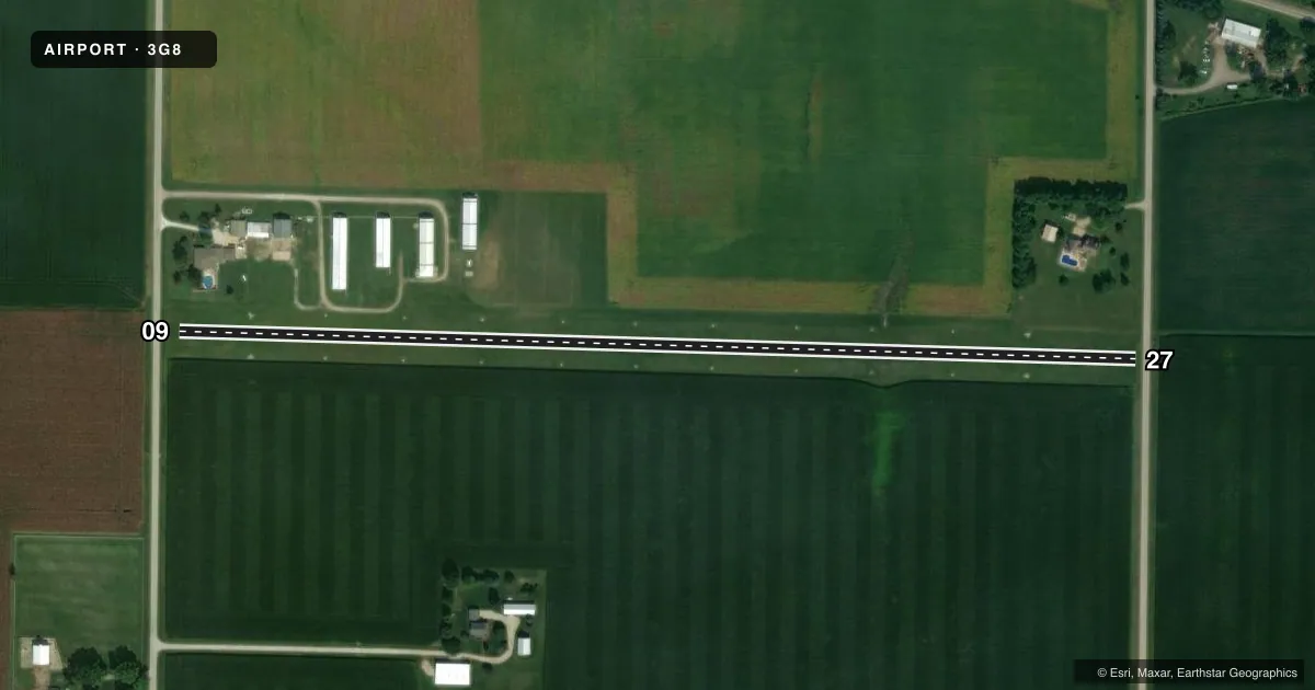 Top-down satellite sketch of 3G8 GEN-AIRPARK in GENESEO, ILLINOIS, showing runways 09/27 drawn to scale over Esri World Imagery