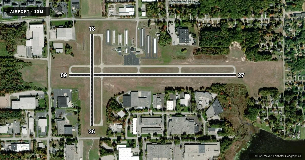 Top-down satellite sketch of 3GM GRAND HAVEN MEML AIRPARK in GRAND HAVEN, MICHIGAN, showing runways 09/27, 18/36 drawn to scale over Esri World Imagery