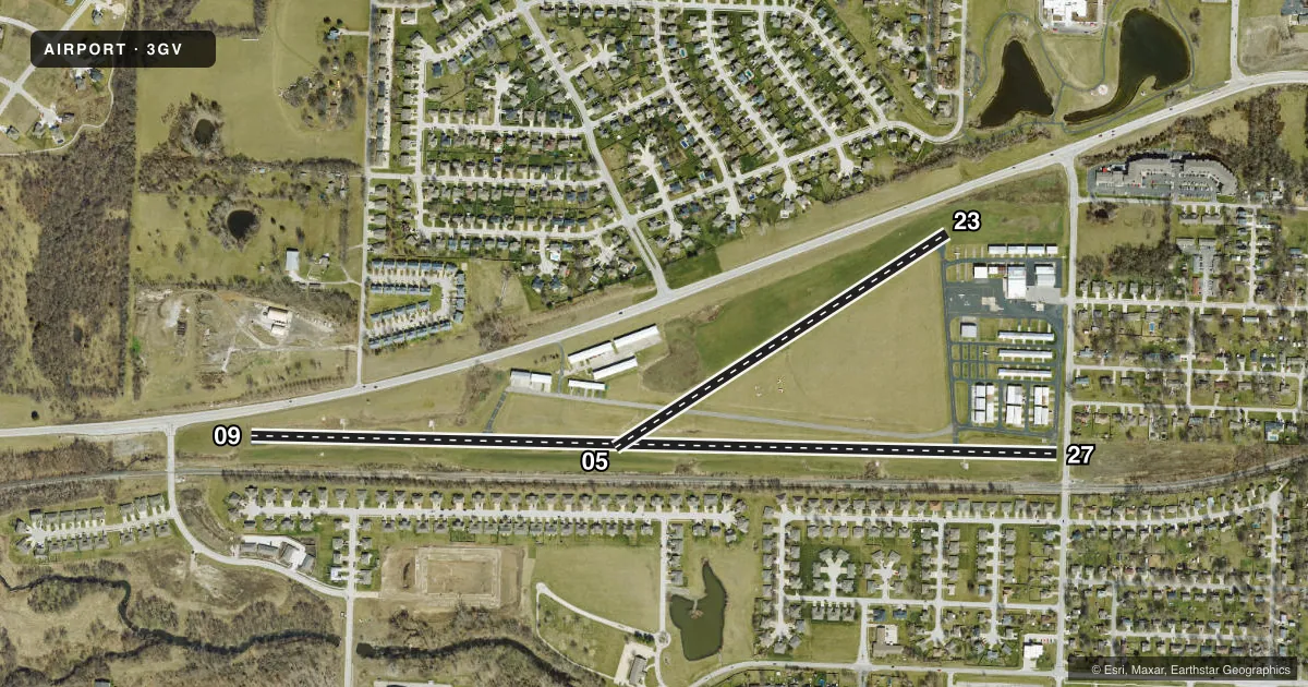 Top-down satellite sketch of 3GV EAST KANSAS CITY in GRAIN VALLEY, MISSOURI, showing runways 09/27, 05/23 drawn to scale over Esri World Imagery