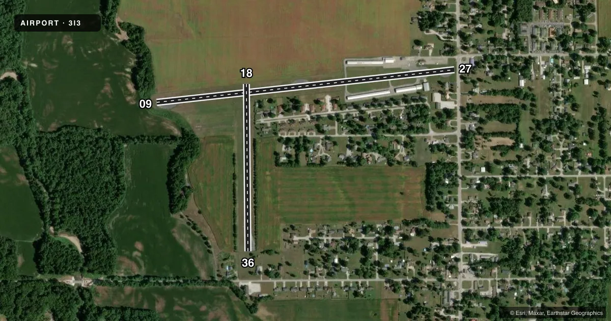 Top-down satellite sketch of 3I3 SKY KING in TERRE HAUTE, INDIANA, showing runways 09/27, 18/36 drawn to scale over Esri World Imagery