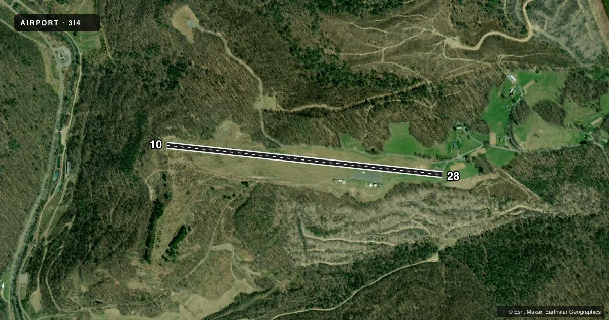 Top-down satellite sketch of 3I4 RICHWOOD MUNI in RICHWOOD, WEST VIRGINIA, showing runways 10/28 drawn to scale over Esri World Imagery