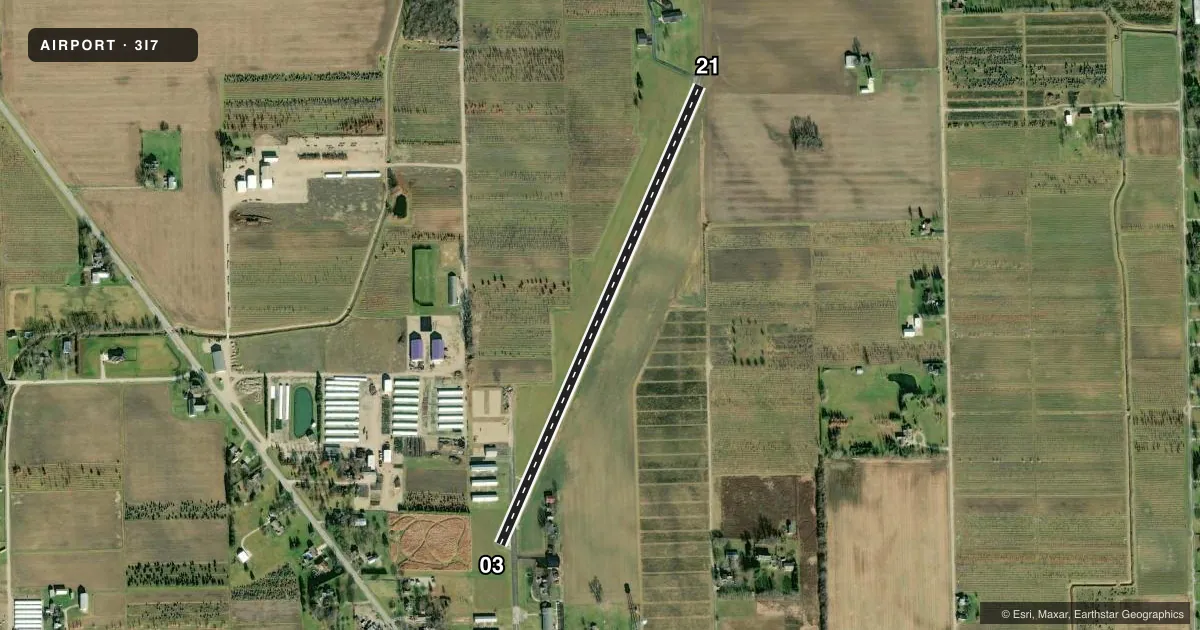 Top-down satellite sketch of 3I7 DAYTON/PHILLIPSBURG in DAYTON, OHIO, showing runways 03/21 drawn to scale over Esri World Imagery