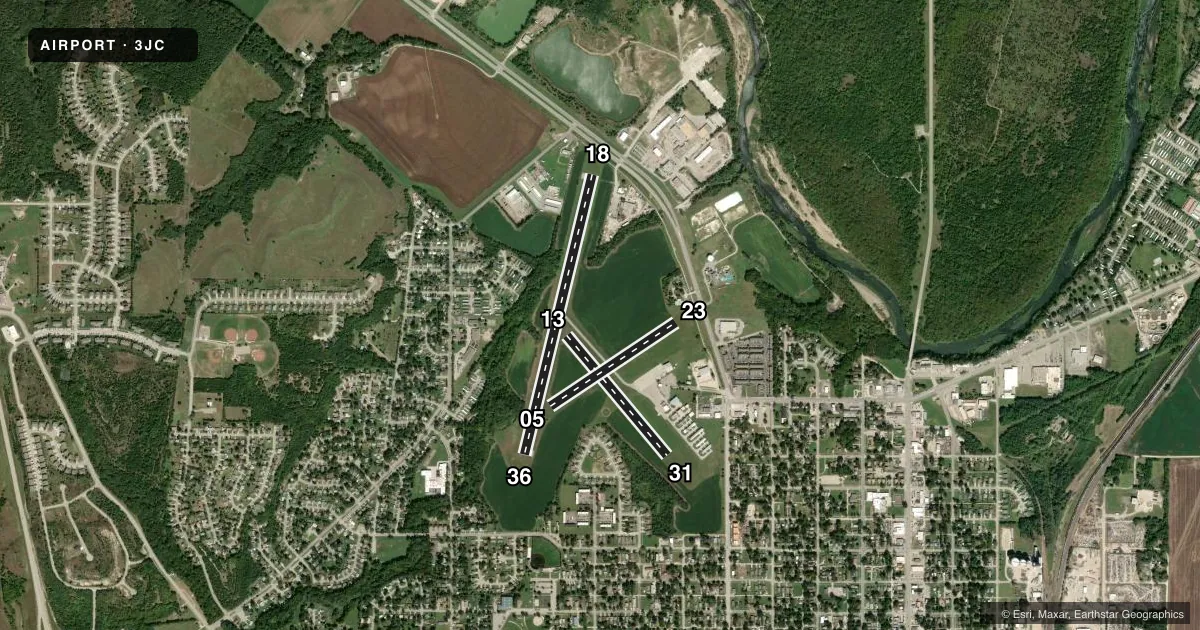 Top-down satellite sketch of 3JC FREEMAN FLD in JUNCTION CITY, KANSAS, showing runways 18/36, 13/31, 05/23 drawn to scale over Esri World Imagery