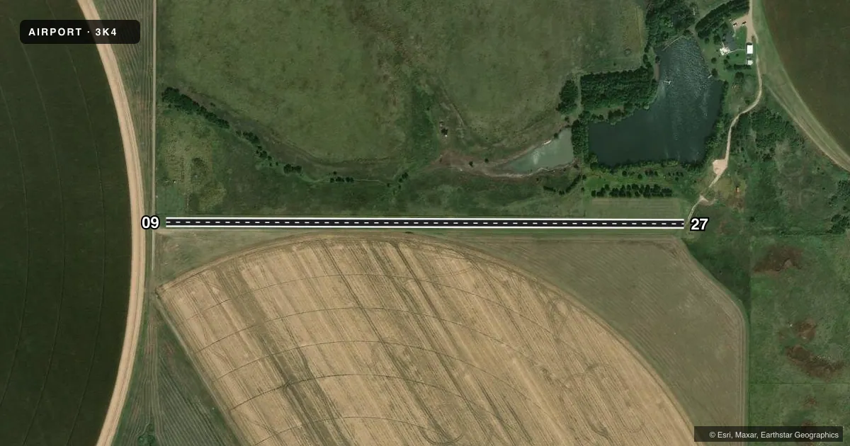 Top-down satellite sketch of 3K4 BORTH FLD in MEADE, KANSAS, showing runways 09/27 drawn to scale over Esri World Imagery