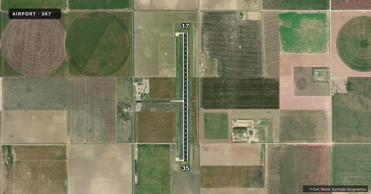 Top-down satellite sketch of 3K7 MARK HOARD MEML in LEOTI, KANSAS, showing runways 17/35 drawn to scale over Esri World Imagery