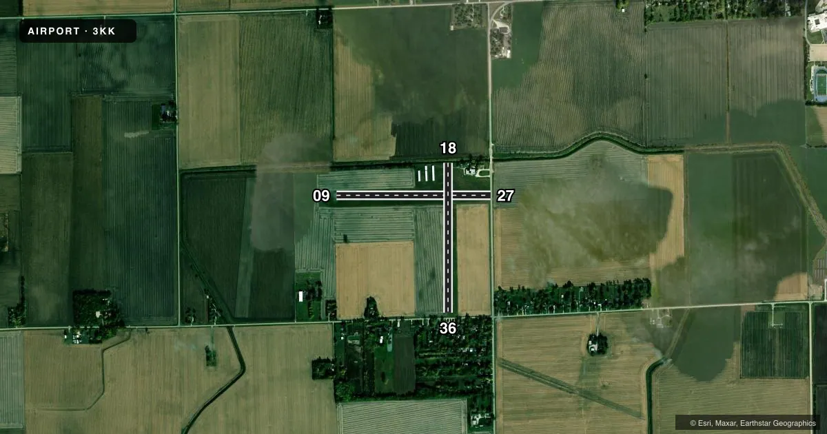 Top-down satellite sketch of 3KK KANKAKEE in KANKAKEE, ILLINOIS, showing runways 09/27, 18/36 drawn to scale over Esri World Imagery