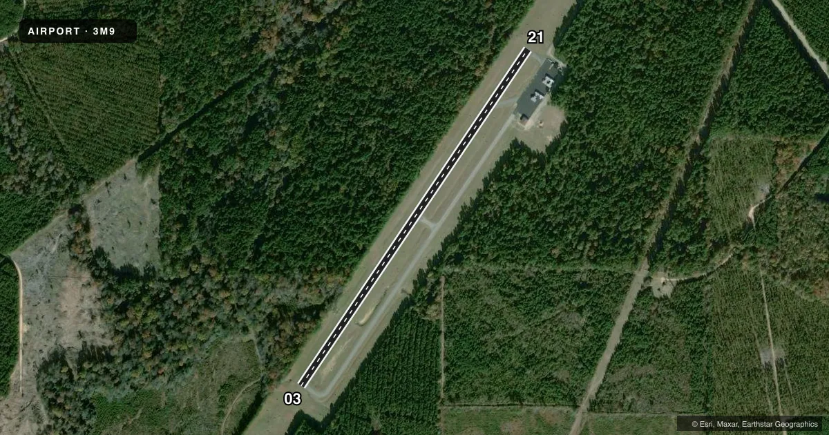 Top-down satellite sketch of 3M9 WARREN MUNI/JOHN B FRAZER JR FLD in WARREN, ARKANSAS, showing runways 03/21 drawn to scale over Esri World Imagery