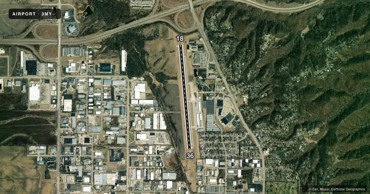 Top-down satellite sketch of 3MY MOUNT HAWLEY AUXILIARY in PEORIA, ILLINOIS, showing runways 18/36 drawn to scale over Esri World Imagery