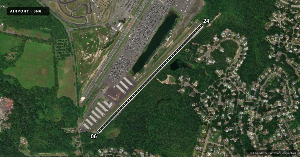 Top-down satellite sketch of 3N6 OLD BRIDGE in OLD BRIDGE, NEW JERSEY, showing runways 06/24 drawn to scale over Esri World Imagery