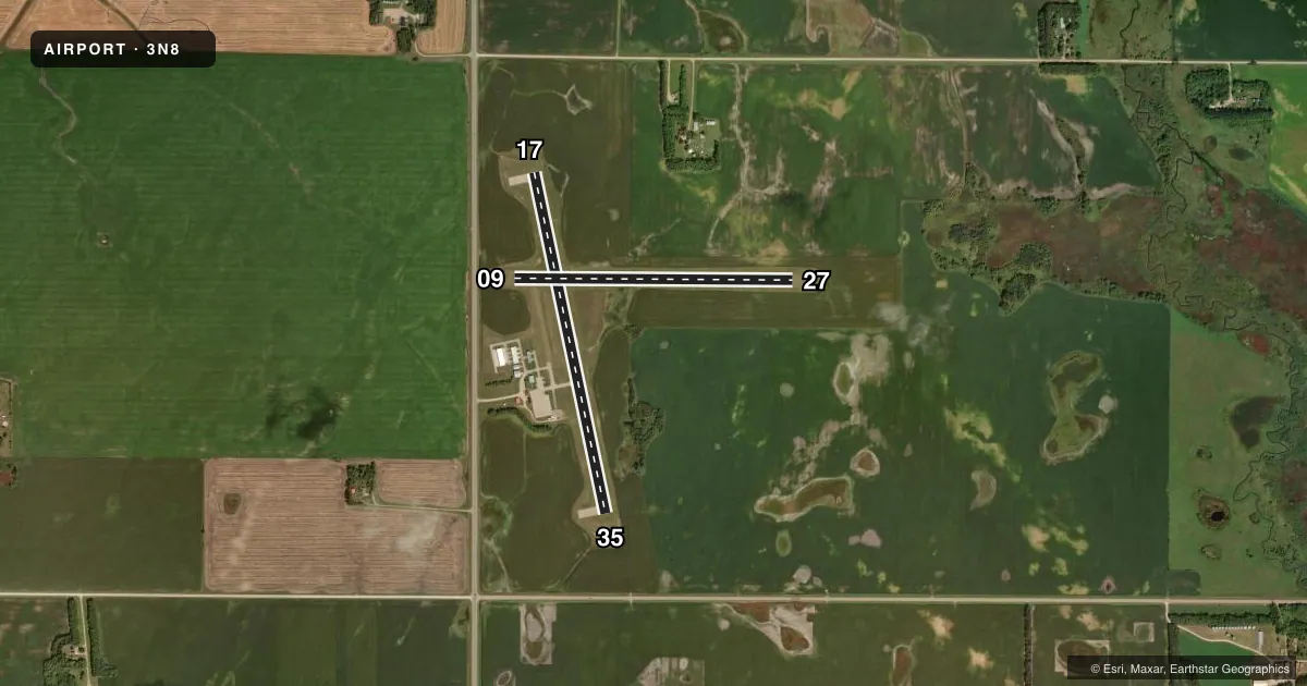 Top-down satellite sketch of 3N8 MAHNOMEN COUNTY in MAHNOMEN, MINNESOTA, showing runways 17/35, 09/27 drawn to scale over Esri World Imagery