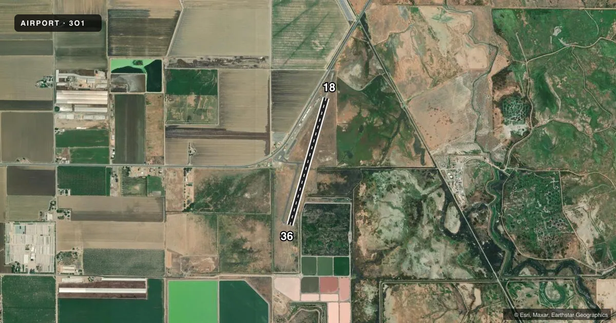 Top-down satellite sketch of 3O1 GUSTINE in GUSTINE, CALIFORNIA, showing runways 18/36 drawn to scale over Esri World Imagery