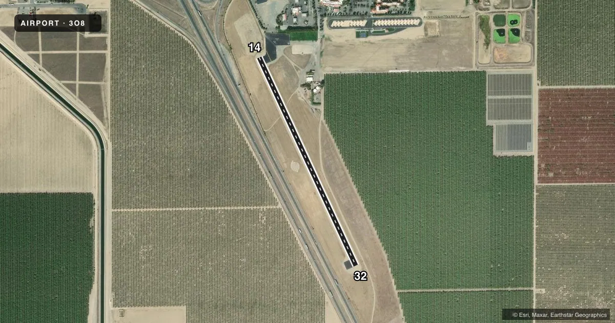 Top-down satellite sketch of 3O8 HARRIS RANCH in COALINGA, CALIFORNIA, showing runways 14/32 drawn to scale over Esri World Imagery