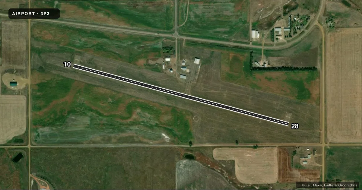 Top-down satellite sketch of 3P3 MOTT MUNI in MOTT, NORTH DAKOTA, showing runways 10/28 drawn to scale over Esri World Imagery