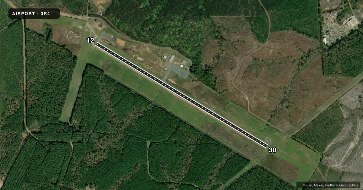 Top-down satellite sketch of 3R4 HART in MANY, LOUISIANA, showing runways 12/30 drawn to scale over Esri World Imagery