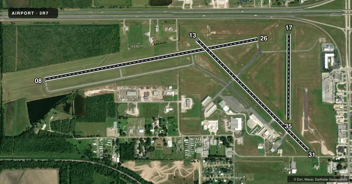 Top-down satellite sketch of 3R7 JENNINGS in JENNINGS, LOUISIANA, showing runways 08/26, 13/31, 17/35 drawn to scale over Esri World Imagery