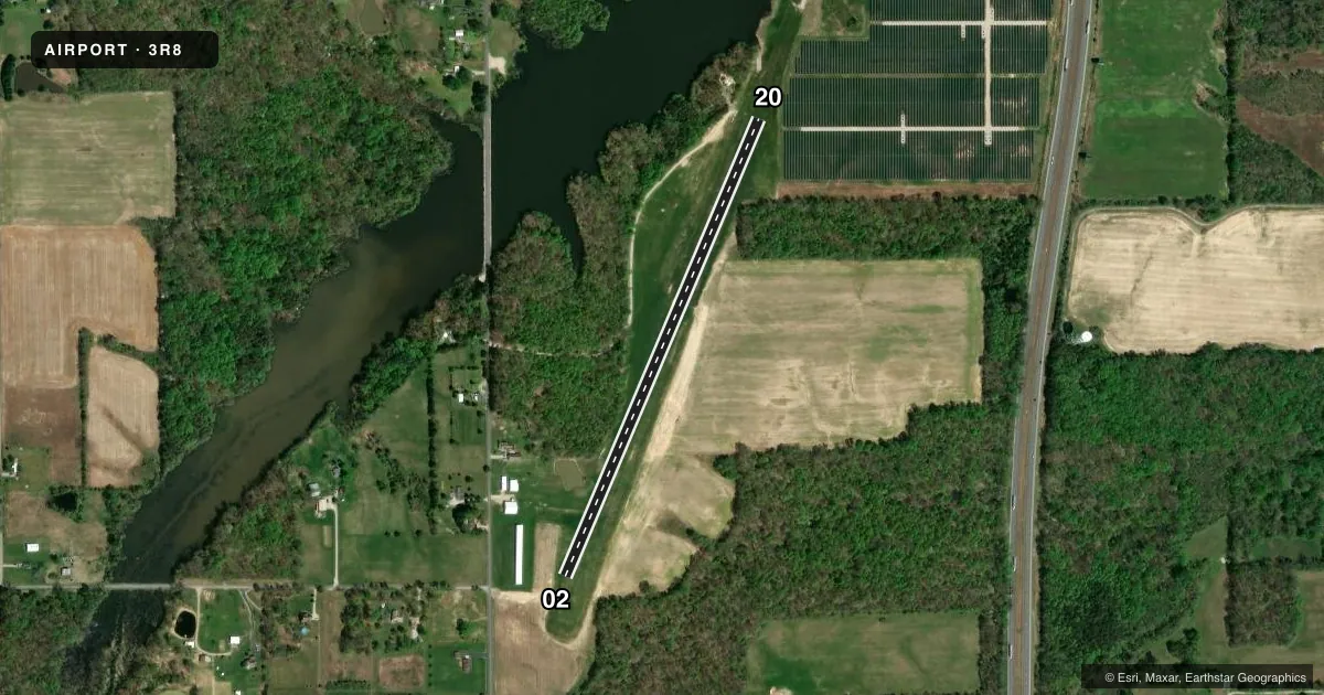 Top-down satellite sketch of 3R8 HONAKER FLD in SCOTTSBURG, INDIANA, showing runways 02/20 drawn to scale over Esri World Imagery
