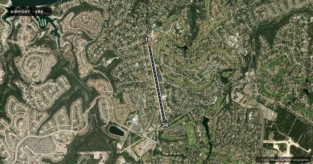 Top-down satellite sketch of 3R9 LAKEWAY AIRPARK in LAKEWAY, TEXAS, showing runways 16/34 drawn to scale over Esri World Imagery