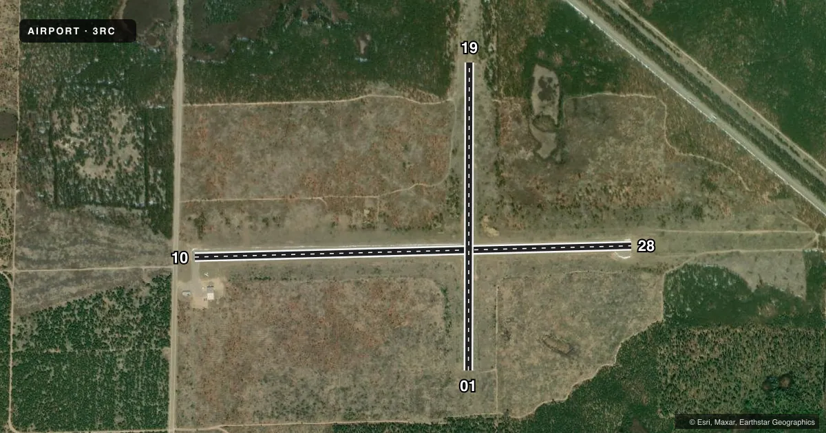 Top-down satellite sketch of 3RC ROSCOMMON CONSERVATION in ROSCOMMON, MICHIGAN, showing runways 10/28, 01/19 drawn to scale over Esri World Imagery
