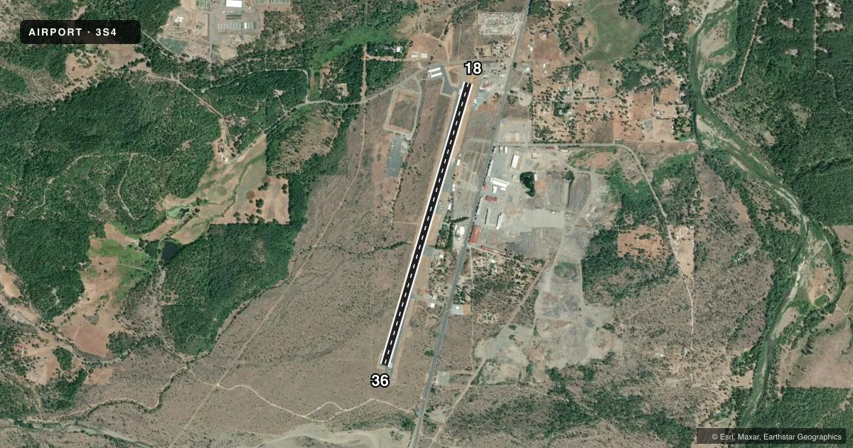 Top-down satellite sketch of 3S4 ILLINOIS VALLEY in CAVE JUNCTION, OREGON, showing runways 18/36 drawn to scale over Esri World Imagery