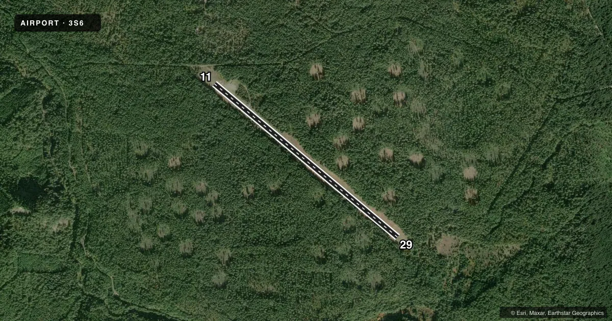 Top-down satellite sketch of 3S6 TOKETEE STATE in CLEARWATER, OREGON, showing runways 11/29 drawn to scale over Esri World Imagery