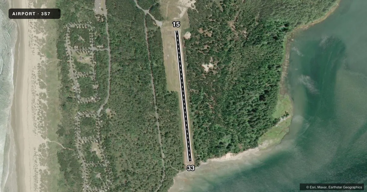 Top-down satellite sketch of 3S7 NEHALEM BAY STATE in MANZANITA, OREGON, showing runways 15/33 drawn to scale over Esri World Imagery