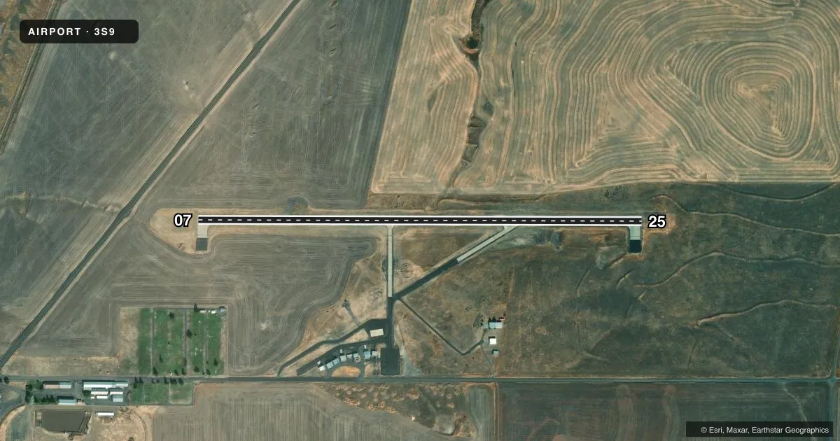 Top-down satellite sketch of 3S9 CONDON STATE PAULING FLD in CONDON, OREGON, showing runways 07/25 drawn to scale over Esri World Imagery