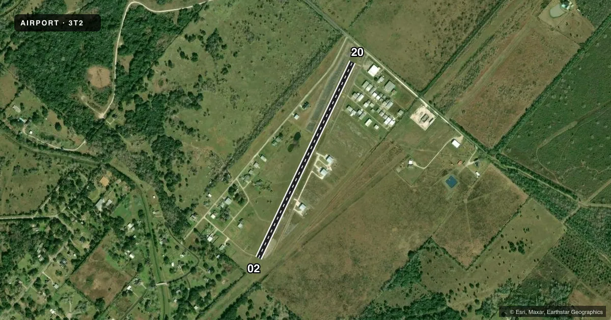 Top-down satellite sketch of 3T2 WOLFE AIR PARK in MANVEL, TEXAS, showing runways 02/20 drawn to scale over Esri World Imagery