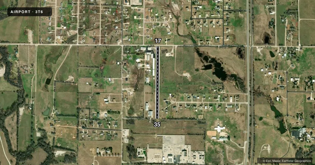 Top-down satellite sketch of 3T6 CLARK in JUSTIN, TEXAS, showing runways 17/35 drawn to scale over Esri World Imagery