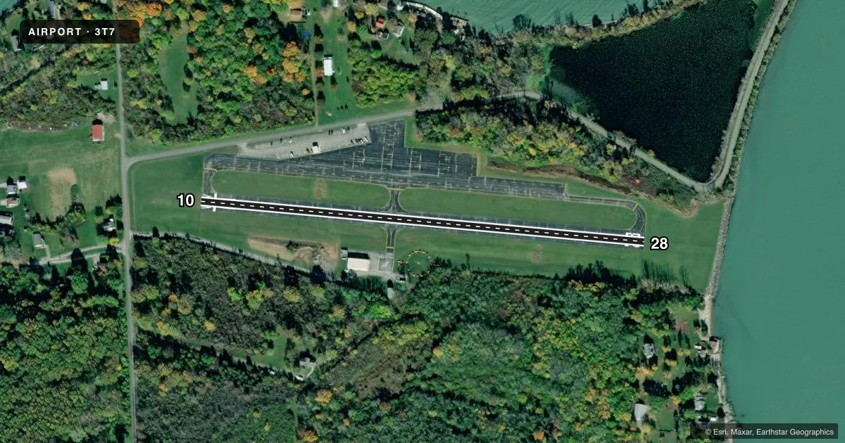 Top-down satellite sketch of 3T7 MIDDLE BASS ISLAND in MIDDLE BASS ISLAND, OHIO, showing runways 10/28 drawn to scale over Esri World Imagery