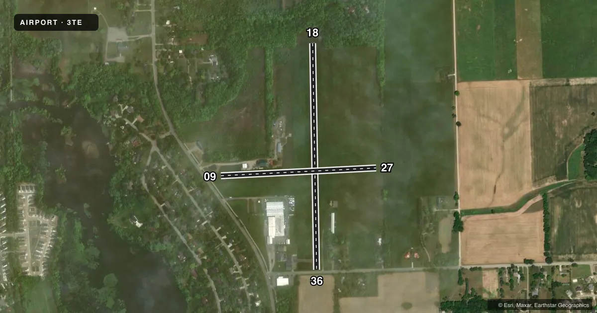 Top-down satellite sketch of 3TE AL MEYERS in TECUMSEH, MICHIGAN, showing runways 18/36, 09/27 drawn to scale over Esri World Imagery
