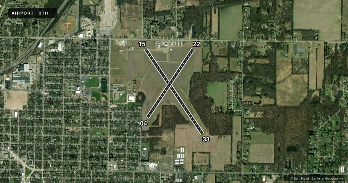 Top-down satellite sketch of 3TR JERRY TYLER MEML in NILES, MICHIGAN, showing runways 15/33, 04/22 drawn to scale over Esri World Imagery