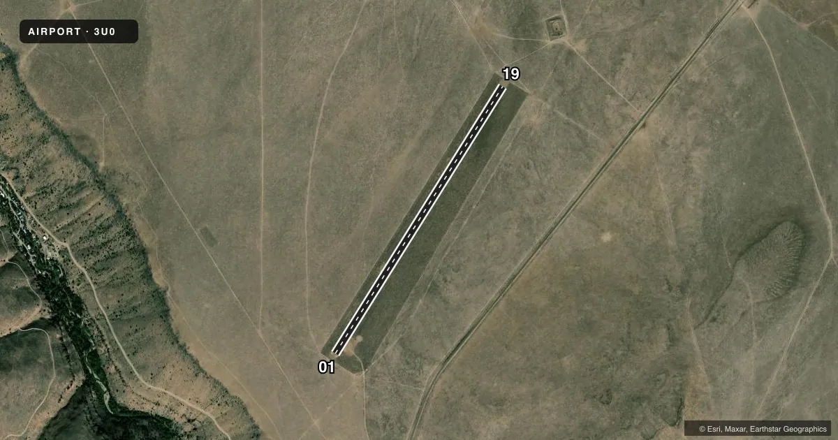 Top-down satellite sketch of 3U0 MURPHY HOT SPRINGS in THREE CREEK, IDAHO, showing runways 01/19 drawn to scale over Esri World Imagery