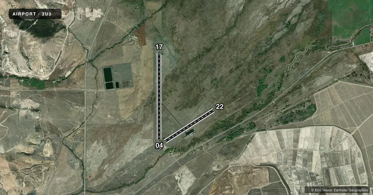 Top-down satellite sketch of 3U3 BOWMAN FLD in ANACONDA, MONTANA, showing runways 17/35, 04/22 drawn to scale over Esri World Imagery