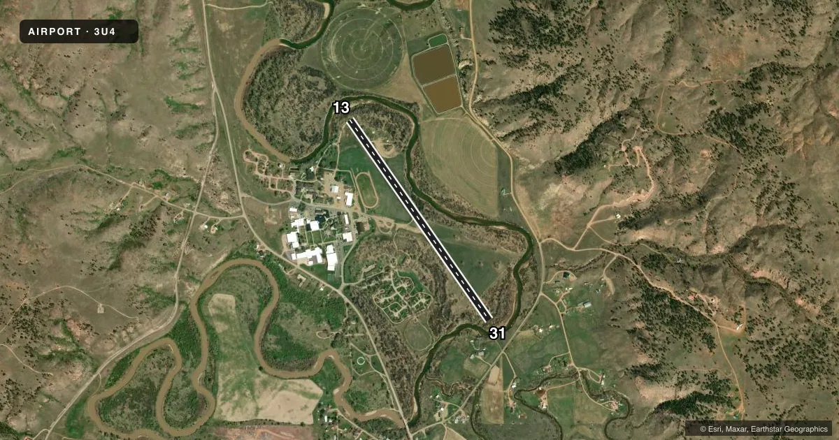 Top-down satellite sketch of 3U4 ST LABRE MISSION in ASHLAND, MONTANA, showing runways 13/31 drawn to scale over Esri World Imagery