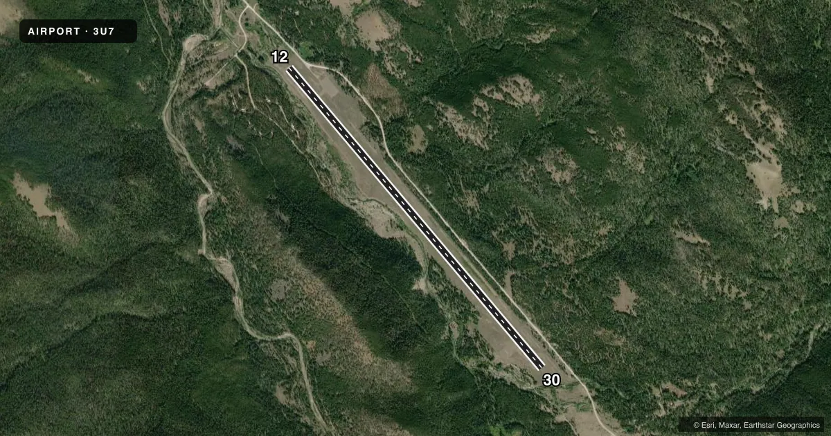 Top-down satellite sketch of 3U7 BENCHMARK in AUGUSTA, MONTANA, showing runways 12/30 drawn to scale over Esri World Imagery
