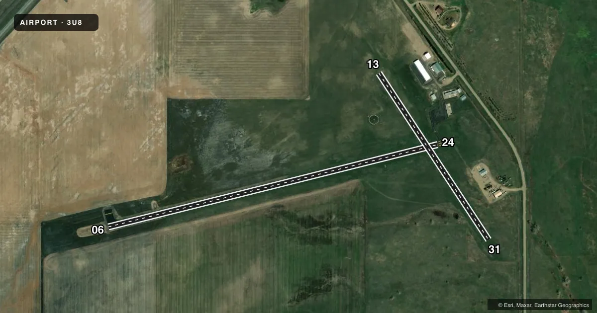 Top-down satellite sketch of 3U8 BIG SANDY in BIG SANDY, MONTANA, showing runways 06/24, 13/31 drawn to scale over Esri World Imagery