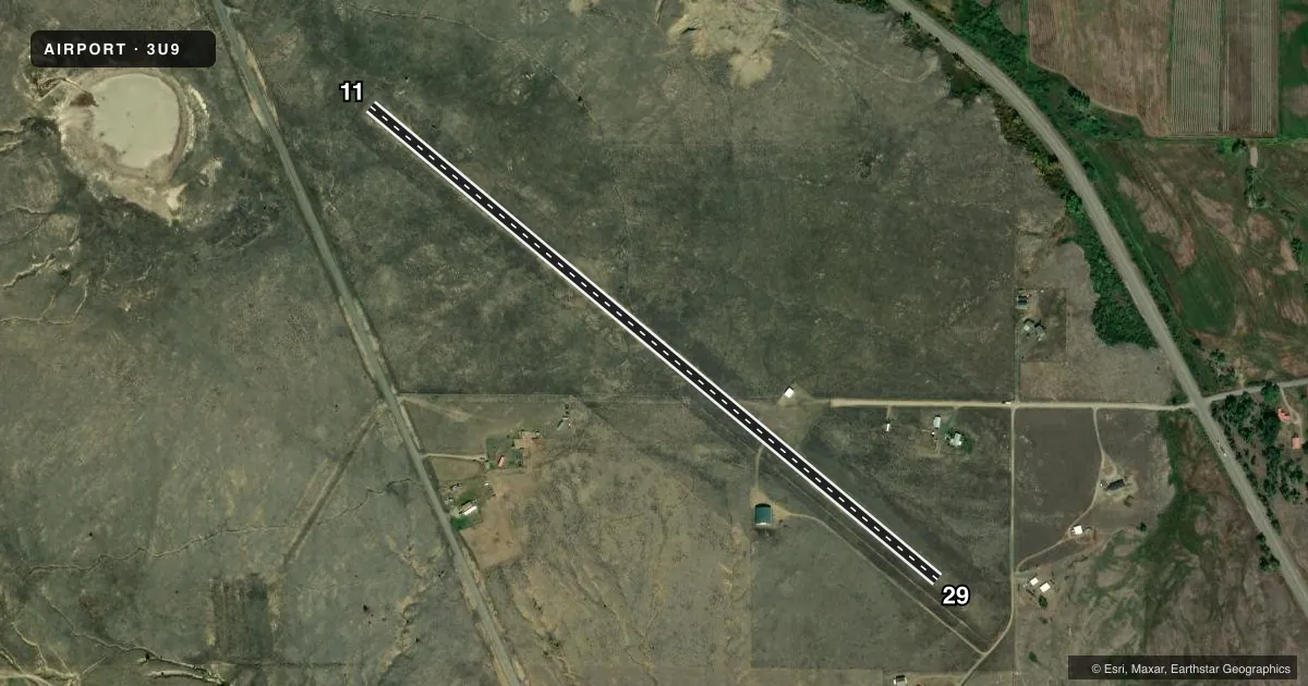 Top-down satellite sketch of 3U9 BOULDER in BOULDER, MONTANA, showing runways 11/29 drawn to scale over Esri World Imagery