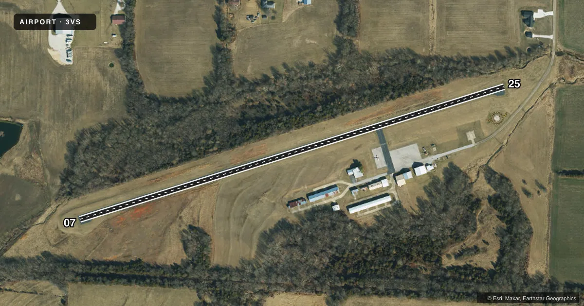 Top-down satellite sketch of 3VS ROY OTTEN MEML AIRFIELD in VERSAILLES, MISSOURI, showing runways 07/25 drawn to scale over Esri World Imagery