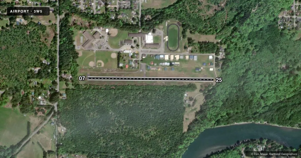 Top-down satellite sketch of 3W5 MEARS FLD in CONCRETE, WASHINGTON, showing runways 07/25 drawn to scale over Esri World Imagery