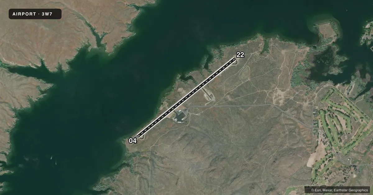 Top-down satellite sketch of 3W7 GRAND COULEE DAM in ELECTRIC CITY, WASHINGTON, showing runways 04/22 drawn to scale over Esri World Imagery