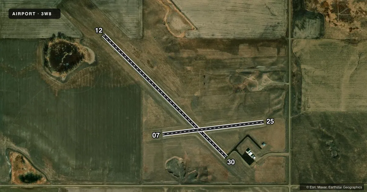 Top-down satellite sketch of 3W8 EUREKA MUNI in EUREKA, SOUTH DAKOTA, showing runways 12/30, 07/25 drawn to scale over Esri World Imagery