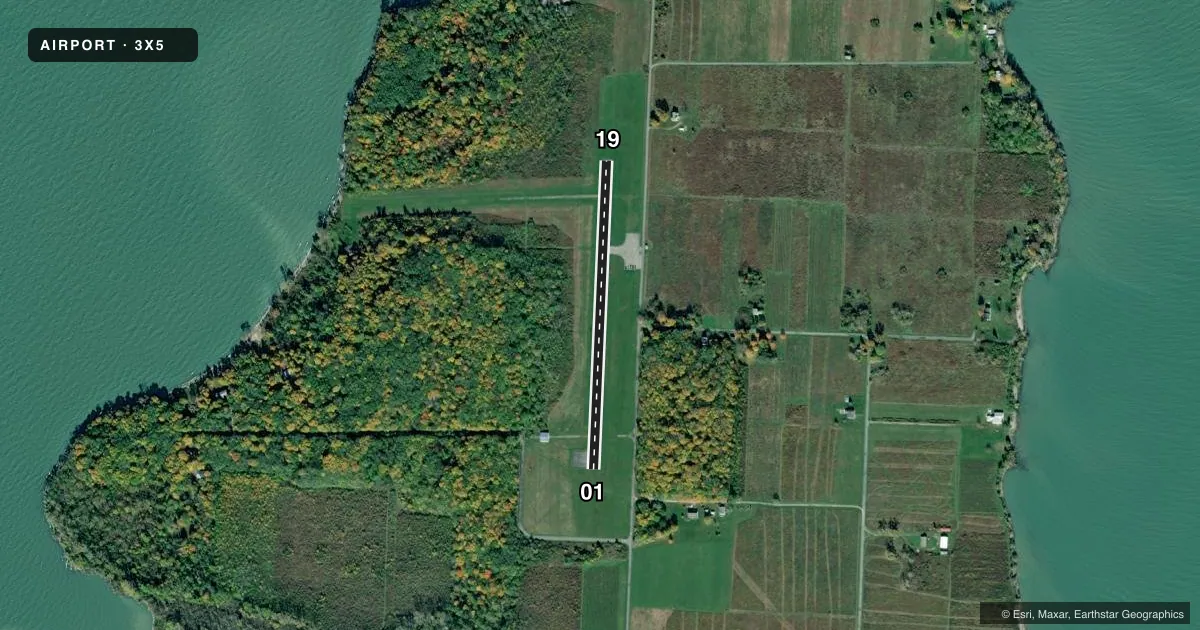 Top-down satellite sketch of 3X5 NORTH BASS ISLAND in NORTH BASS ISLAND, OHIO, showing runways 01/19 drawn to scale over Esri World Imagery