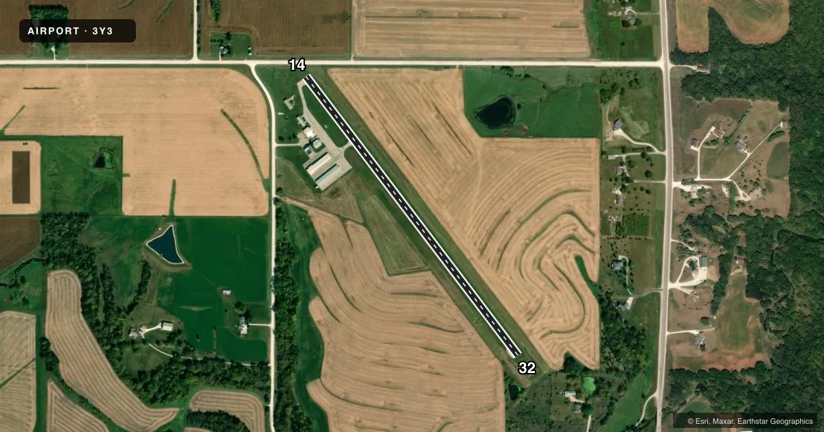 Top-down satellite sketch of 3Y3 WINTERSET MUNI in WINTERSET, IOWA, showing runways 14/32 drawn to scale over Esri World Imagery