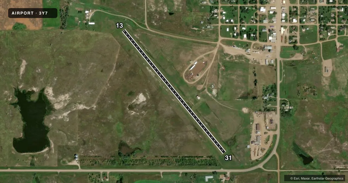 Top-down satellite sketch of 3Y7 ISABEL MUNI in ISABEL, SOUTH DAKOTA, showing runways 13/31 drawn to scale over Esri World Imagery